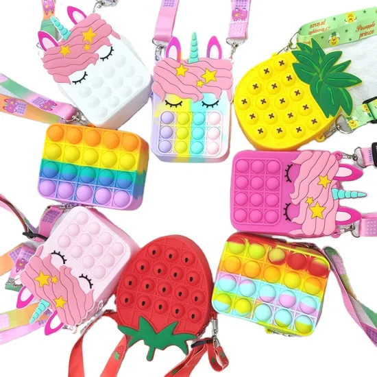 Cute Kids' Cartoon Shaped Hot Silicone Bags: Strawberry, Pineapple, Push Fidget, Pop Bubble, Unicorn Coin Purse for Preschoolers
