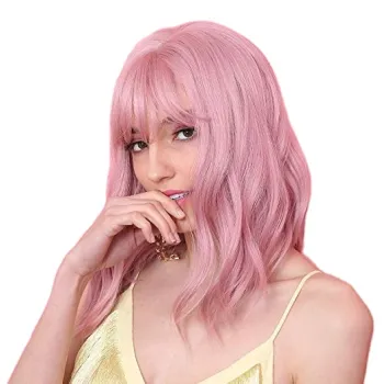Wholesale Machine Made Water Wave Pink Wig With Bangs Cheap Cosplay Pixie Curls Short Bob Synthetic Hair Wigs With Highlights