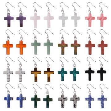 Natural Stone Cross Pendant Earring 18x25MM Crystal Stone Cross Charm Earring with Silver Hook Gemstone Cross Dangle Earrings