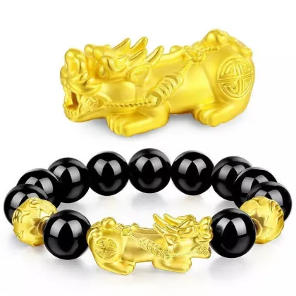 Custom 999 Pure Gold Fengshui Pixiu Bracelet with Black Obsidian for Wealth and Luck