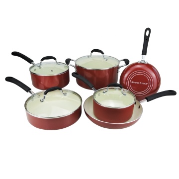 10pcs set di pentole antiaderente in ceramica in alluminio - fondo a spirale bordeaux con manici di silicone