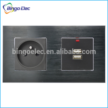 Black aluminum two frame panel,220V french socket with double usb socket