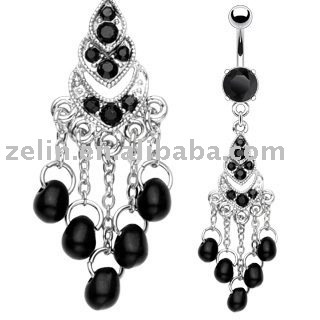 Chandelier Belly Ring w Black Gems and Beads,navel jewelry,body jewelry