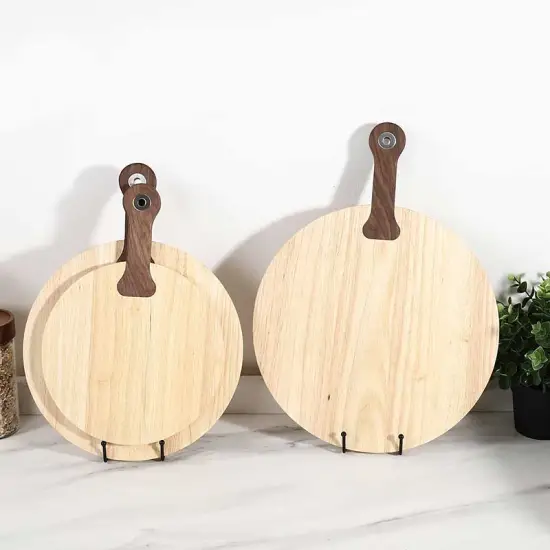 13 Inch Round Rubber & Walnut Wood Chopping, Serving Board, Pizza Peel, and Cutting Cheese Board with Handle