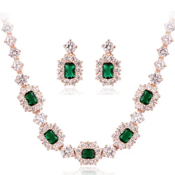 Authentic Austrian Emerald Green Crystal 18k Gold Plated Square Bridal Wedding Pendant Necklace Earrings Jewelry Set