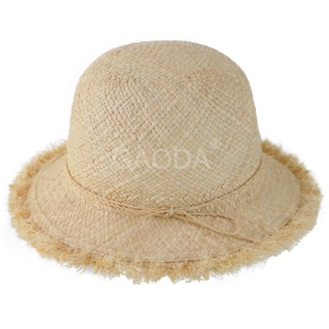 Handmade knitted natural color raffia straw bucket hat