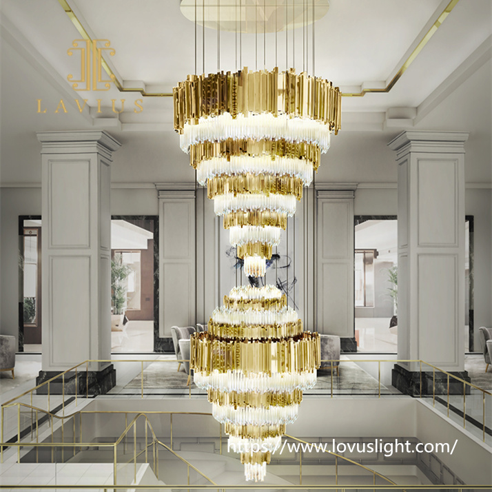 Staircase pendant light Gold brass crystal chandelier High luxury large project custom chandelier