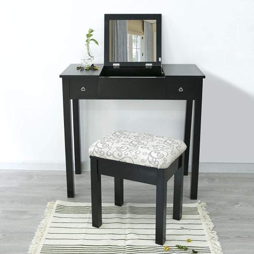 Black Jewelry Mirrored Dressing Table Stool Set