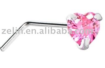 316L stainless steel pink CZ heart L-shape nose jewelry,nose ring, body piercing jewelry