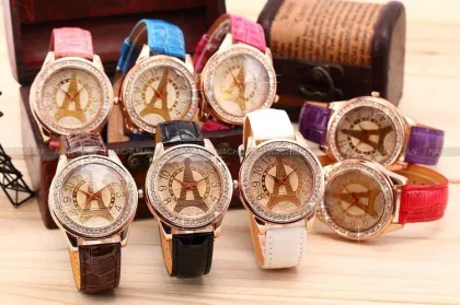 Eiffel Tower Leather Womens Wrist Watches Crystal Brown , Bronze Case Watches