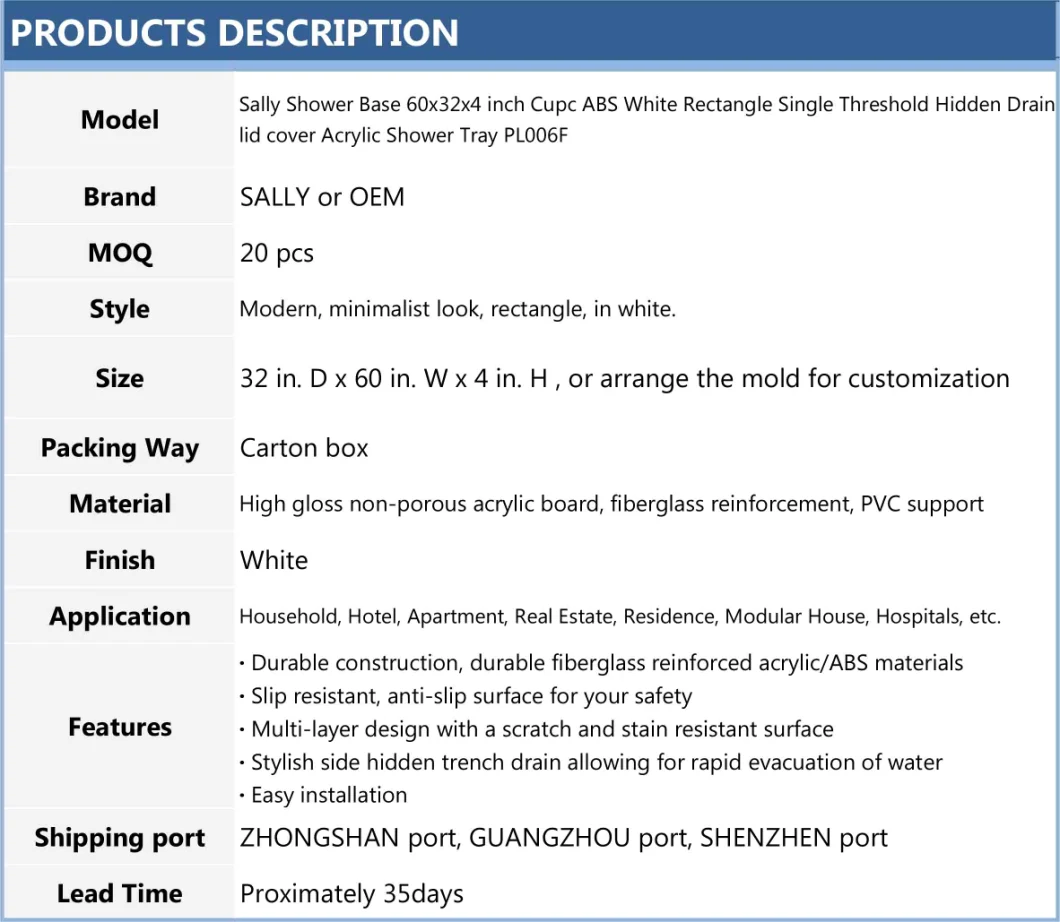 Sally Shower Base 60x32x4 pulgadas ABS Rectángulo Blanco Umbral de un solo umbral oculto Tapa de drenaje Tapa de ducha acrílica