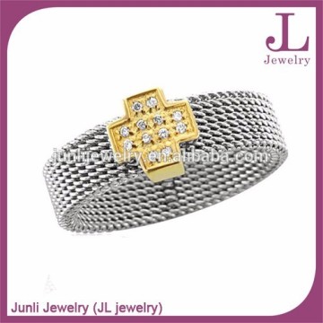 8mm Gold Cross CZ Silver Stainless Steel Screen Ring, Woven Mesh Band