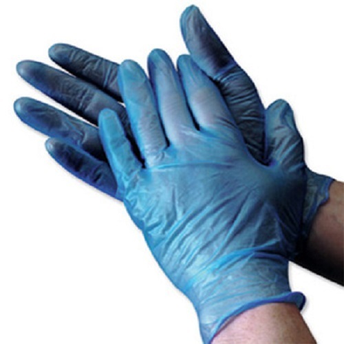 Yellow and blue medical vinyl glove