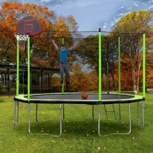 Outdoor green Trampoline 12ft with Basketball Hoop