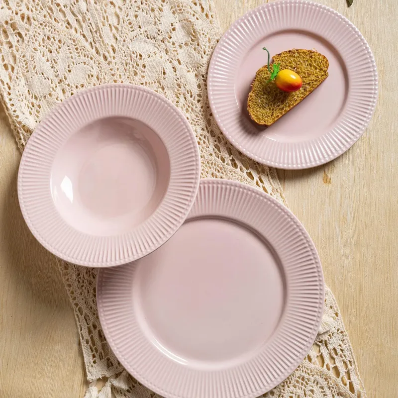 Contemporary Porcelain White Ribbed Dinner Set