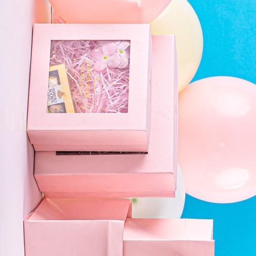 Caja de regalo de puerta de boda rosa de ventana transparente personalizada