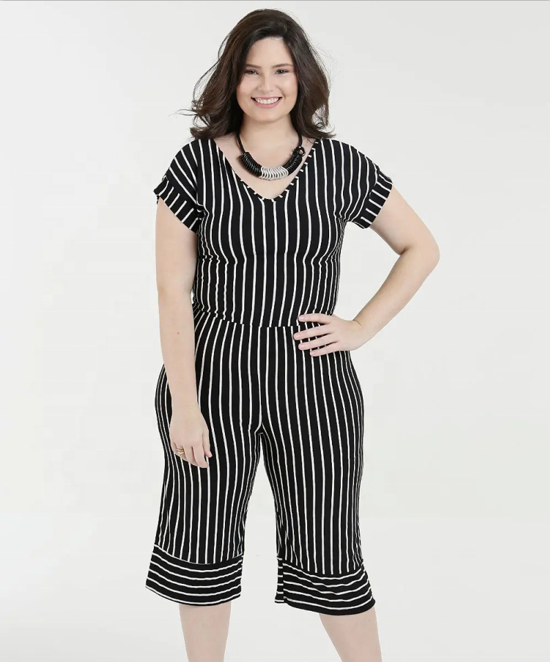 Women Casual V-neck Short Sleeve Stripe Jumpsuits