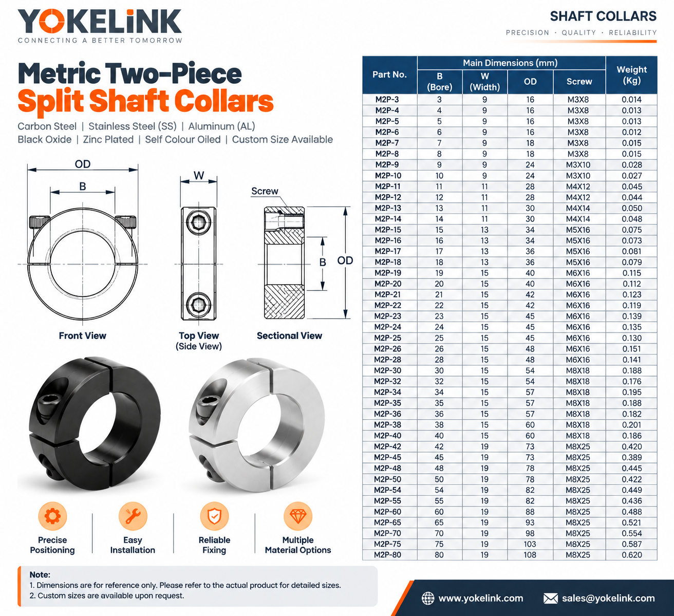 Split Shaft Collars Specifications