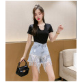 Women's high-Waist Diamond-Studded Fringed Denim Pants