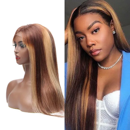 Hot Honey Brown Silky Straight  Lace Frontal Wig 4 27 Ombre Color Highlight Virgin Human Hair 4*4 HD Lace Wig