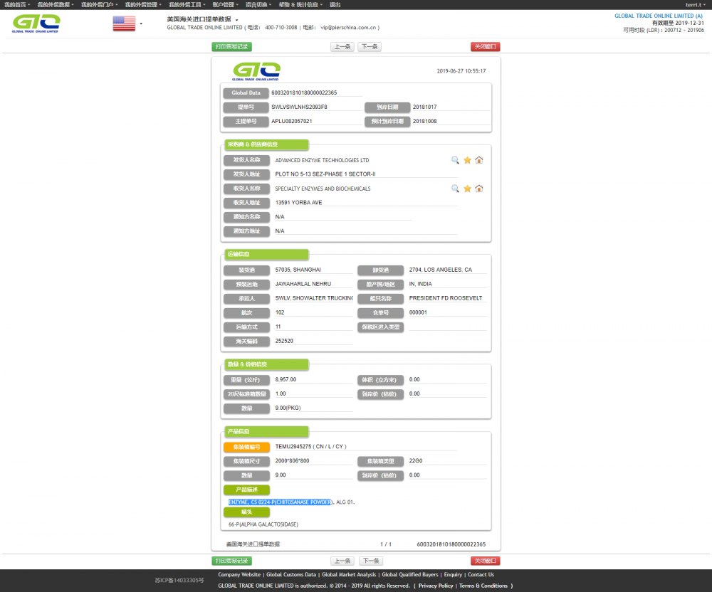 ENZYME USA CUSTOMS DATA