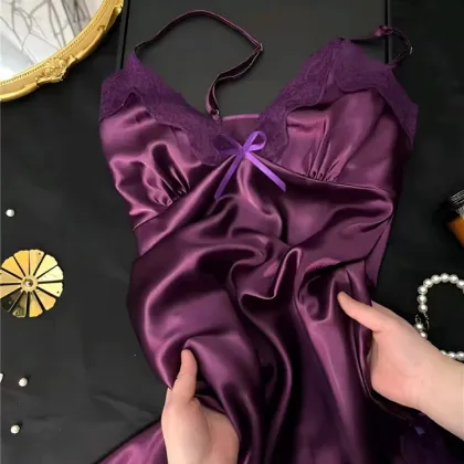 Ice Silk Lace Nightgown with Suspender for Women