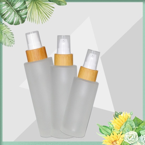 Frosted Glass Pump Bottles With Bamboo Cosmetic Lid