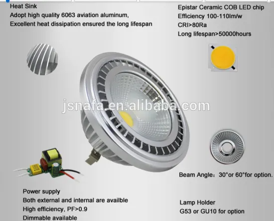 Dimmable 2700K/6000K 15W AC/DC12V warm or cool white AR111 LED spotlight G53