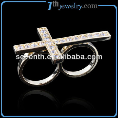 Latest Jewelry Designs Unique Cross ILOVEYOU Wedding/Engagement Brass Rings Two Finger Diamond White/Rose Gold Ring