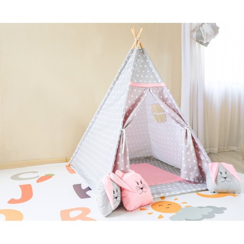 Play Tent For Kids Gray-Pink Tipi Rabbit With Pillows and Basket Factory