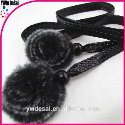 Fashionable joker PU belt, rabbit hair flower tassel lady's belt