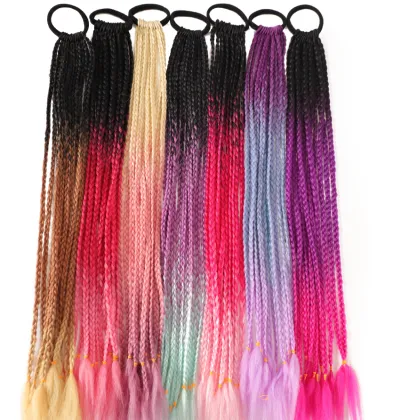 2021 New Ombre Long Ponytail Wig With Rubber Band Hair Ring Chignon Crochet Braid Hair Rainbow Synthetic Hair Extension