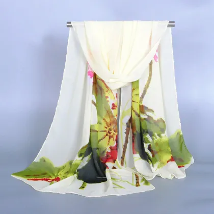 Lotus Printed Lady Long Head Chiffon Scarf