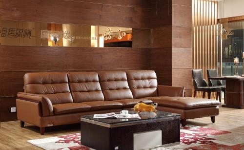 Brown Leather Sofa with Wooden Leg