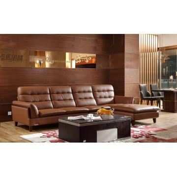 Brown Leather Sofa with Wooden Leg