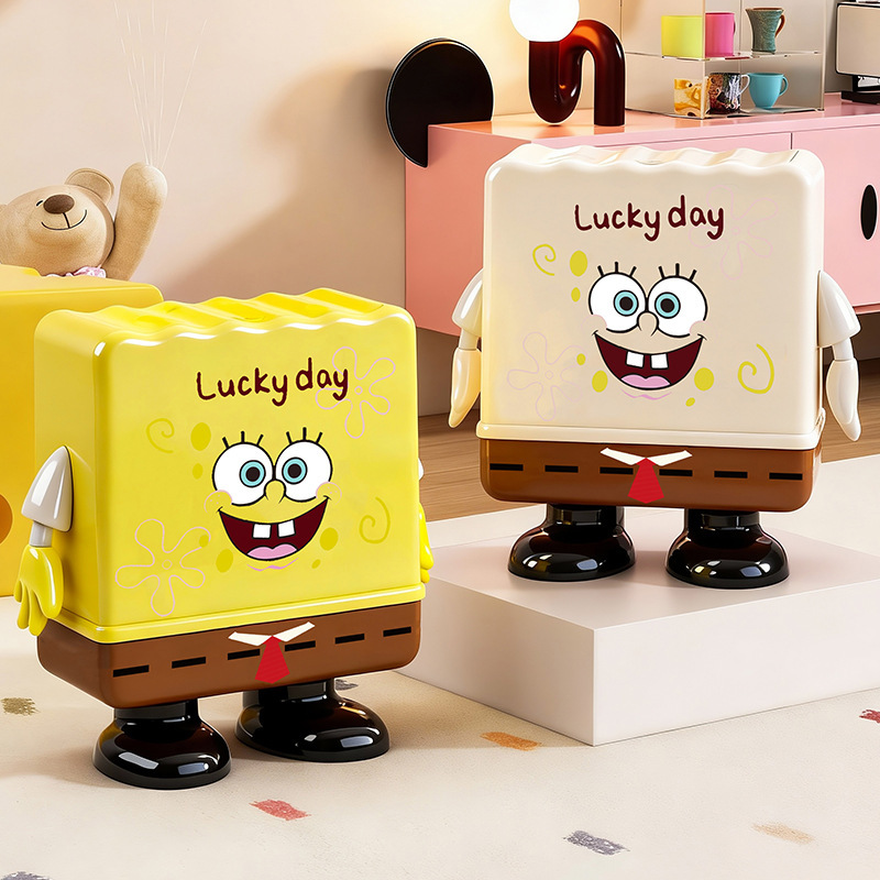 Trendy Cartoon Sponge Trash Can with Lid for Home Bedroom Living Room