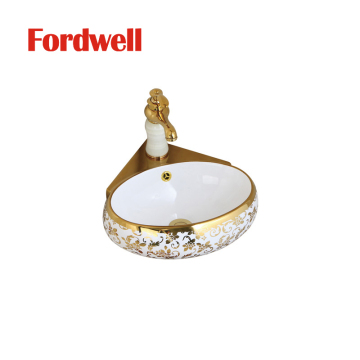 Luxury Round Gold Plated Ceramic Wall-Hung Bathroom Basin for Hotels