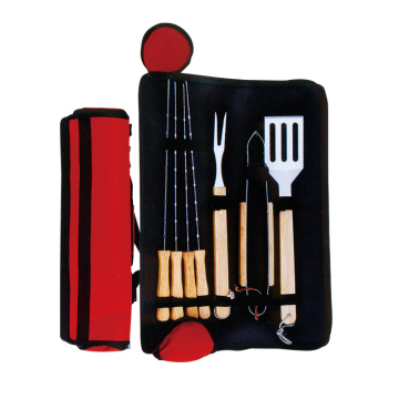 8pcs ensemble de barbecue avec poignée en bois de caoutchouc