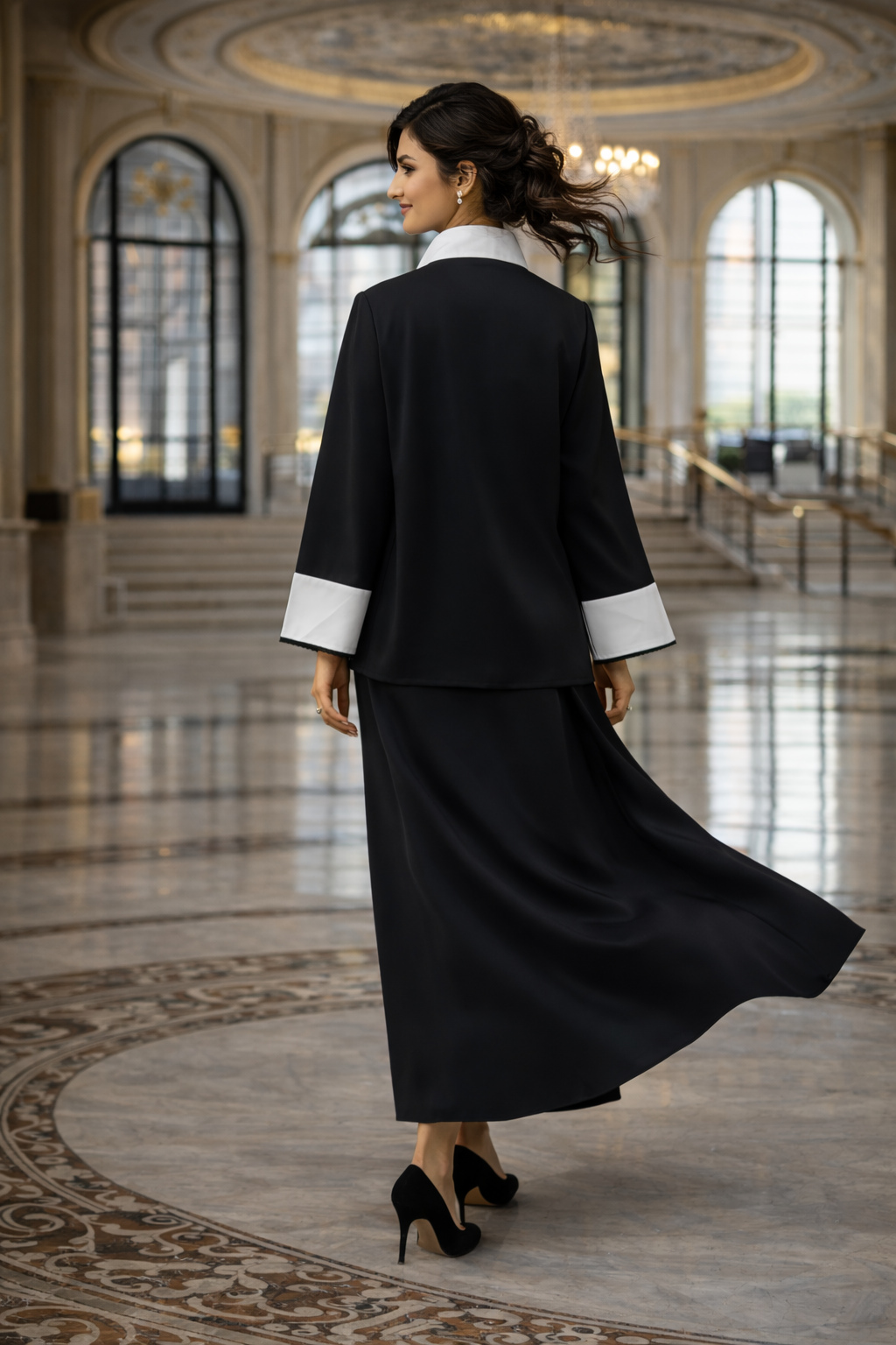 black white embroidered abaya set flowing back