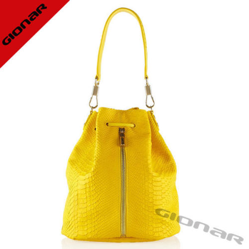 Stylish Yellow Sling Leather Backpack Bag For Women , Snake - Effect