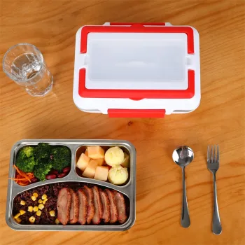 2-in-1 Electric Heated Lunch Box: Portable Car & Home Use with US/EU Plugs, Stainless Steel Bento Boxes