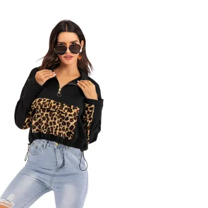 Women's Casual Stitching Leopard Print Pullover Sweatshirt