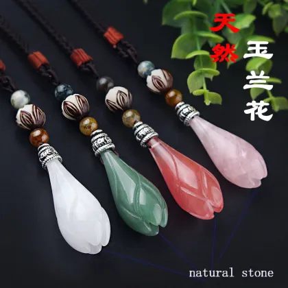 Natural Agate Jade Leaf Magnolia Safety Buckle Pendant Necklace