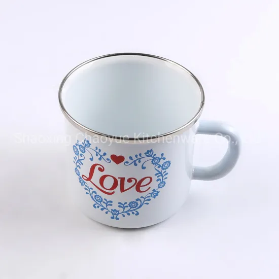 White Porcelain Glaze Metal Furniture Cups Black Rolled Painted Rim Love Mug