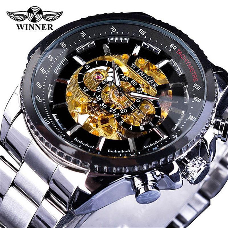 Customizable Logos Men's Skeleton Mechanical Watch with Full Stainless Steel and Automatic Wind Mechanism