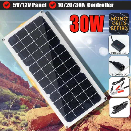 30W Solar Panel Solar USB Charger Controller Solar Cells for 12V 5V Camping Fan Hiking Lamp Generator System+Suckers/Carabiner