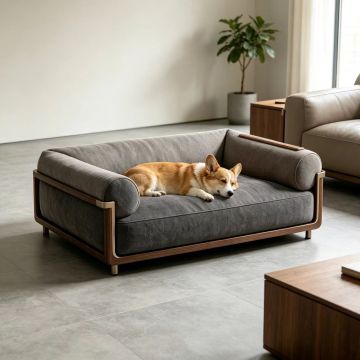Premium Pet Sofa Bed with Removable Cushion, Wood-Grain Trim and Non-Slip Feet