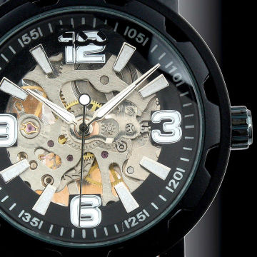 Brand Men's Black Luxury Stainless Steel Skeleton Semi-Automatic Leather Mechanical Watch WM221-ESS