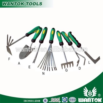 WANTOK 7PCS stainless steel garden tool set with TPR grip/culti-hoe/trowel/daisy weeder/leaf rake/garden rake/hand claw/groove