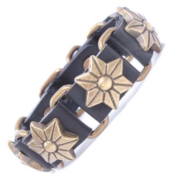 Top layer real cow leather bracelet with metal six petal flower accessories antique bronze plated fashion design